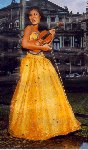 [Vanessa in yellow gown, leaning on a lamp-post, holding acoustic violin]