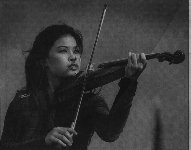 [B&W, holding acoustic violin]